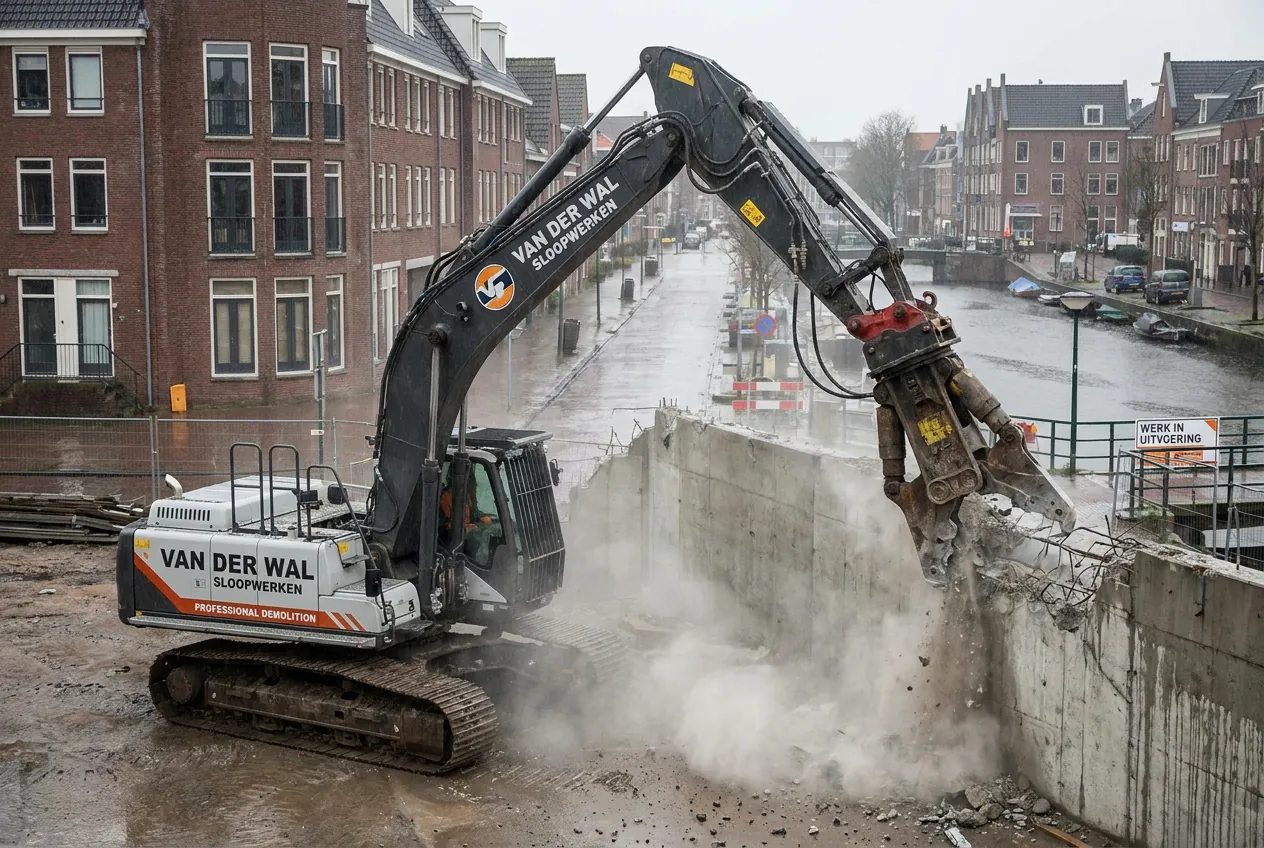 Kraan met sloophamer in actie